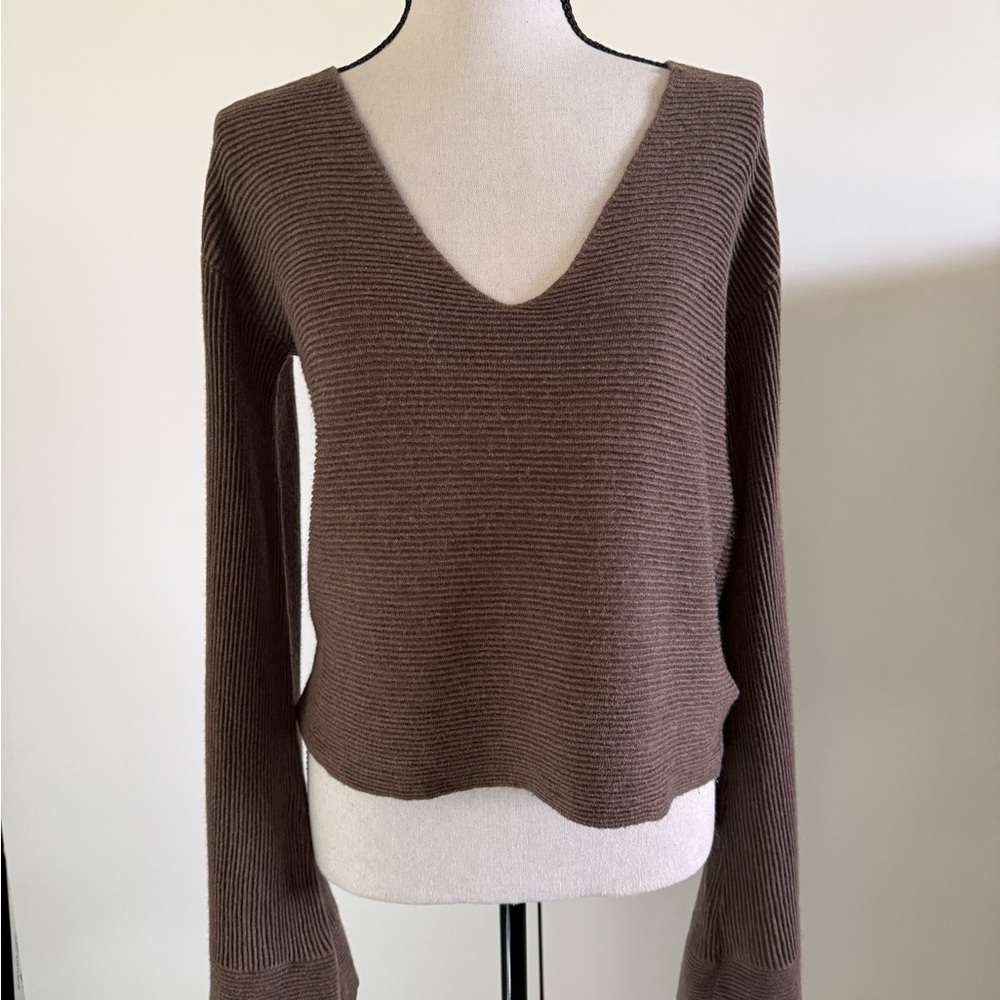 Free People Ribbed Exaggerated Sleeve V-Neck Sweater Brown Size S